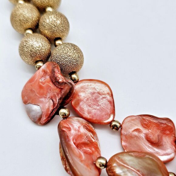 Mother Of Pearl Necklace Coral Double Strand Gold Tone Colorful Statement - Picture 4 of 9